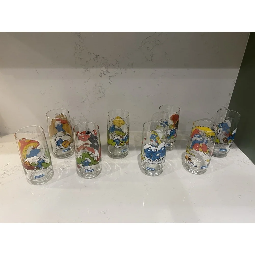 Vintage Set of 8 Collectible Smurfs Drinking Glasses Hardee's PEYO 1982 RARE